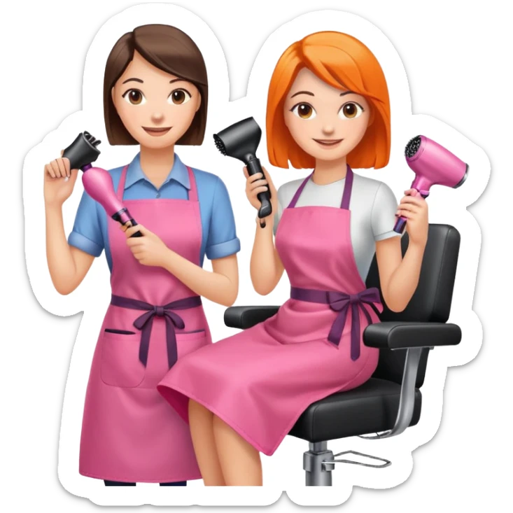 smiling woman client in pink apron sitting in salon chair, female hairstylist smiling behind her with orange apron, holding a hairdryer in right hand sticker