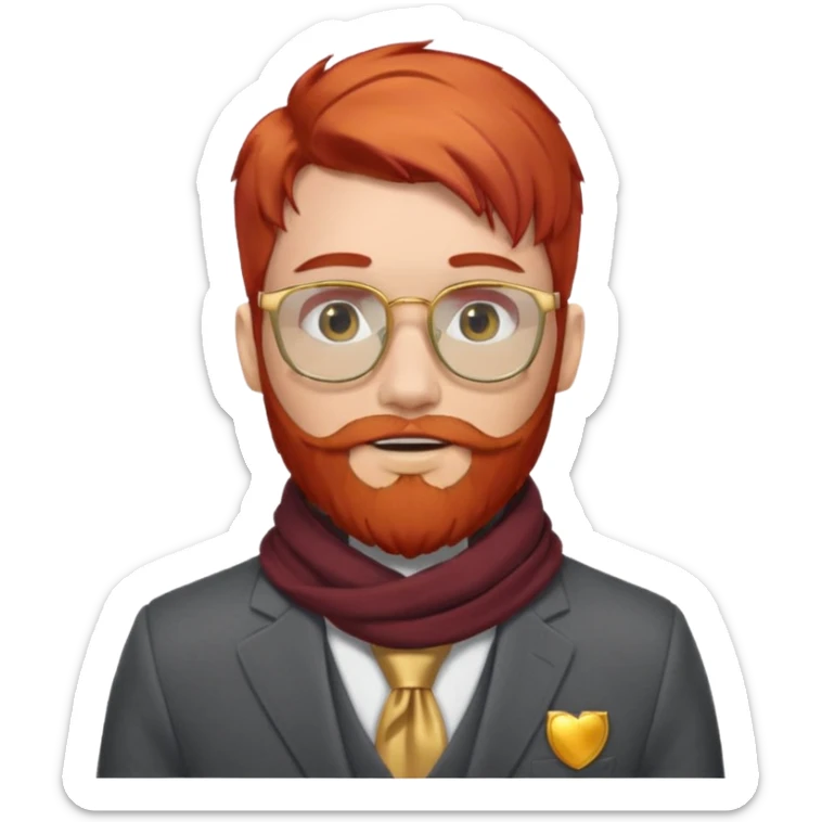 gray scarf, male,  beard, red hair, with suit, gold glasses sticker