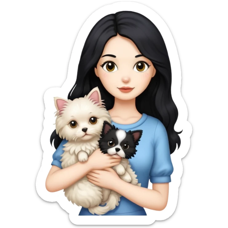 One Lady with long black hair, holding 2 animals -a Ragdoll cat and a small poodle dog sticker