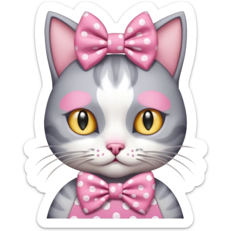 Evil Gray and white evil cat with a pink polka dot dress and with a pink polka dot bow on the Head cute sticker