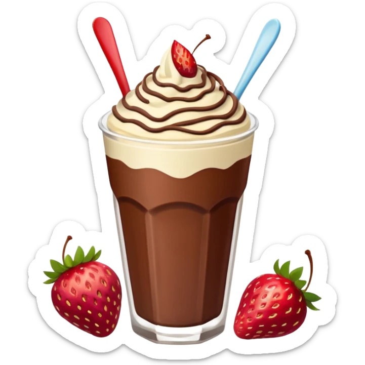Un vaso cubierto de chocolate que arriba se vea crema batida fresas y mym sticker