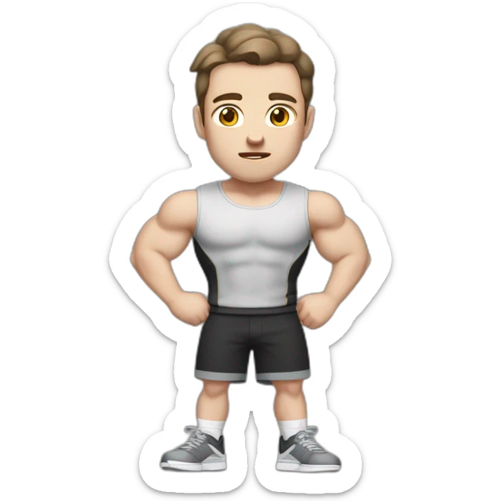 Confused Pale skinned Fit Man With the biceps and dark brown hair in black shirt, gray sports shorts and white Sneakers sticker