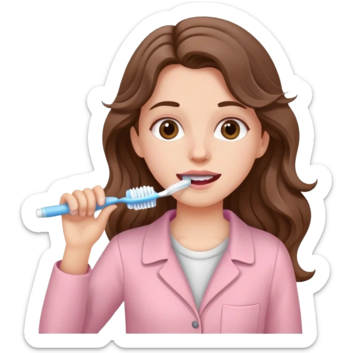 A white girl with long brown wavy hair in pale pink clothes brushes her teeth sticker