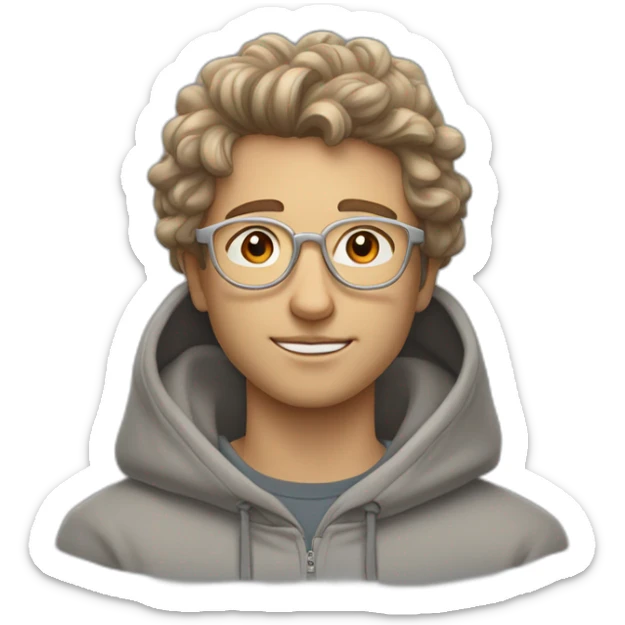 young white guy with wavy hair and a fade in light brown color and round silver color glasses with a grey hoodie on sticker
