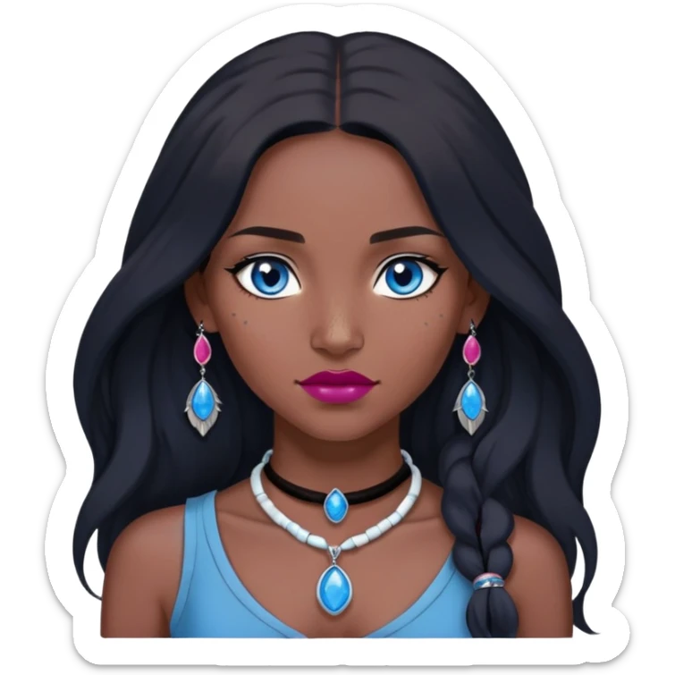 woman katara native american blue eyes dark skin freckles dark black long hair reddish pink lipstick choker necklace with sapphire pendant sticker