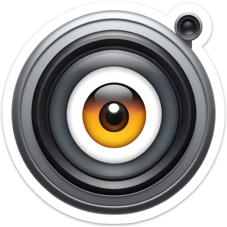 Minimalist emoji-style sticker of a wide camera lens with a human-like eye inside. Gray tones with strong contrast. sticker