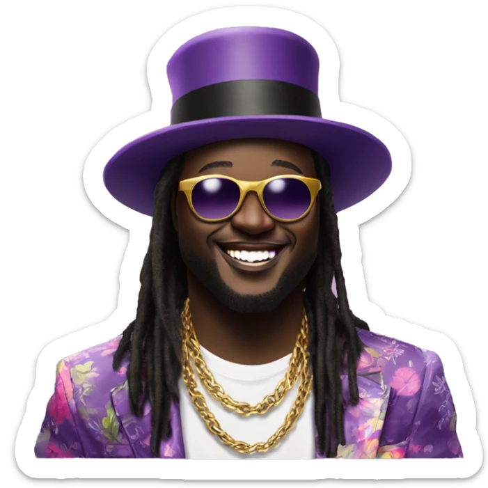 T-Pain: A charismatic figure in a purple top hat, floral jacket, sunglasses, and gold-toothed grin. Long dreads, white tee, and chain complete the look. Fun and approachable, they’re pure party energy. sticker
