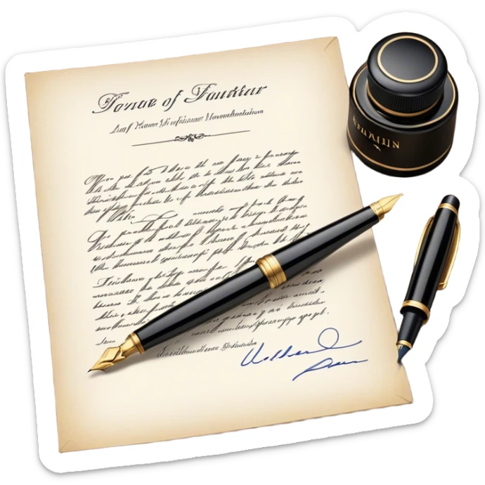 Icon for Autograph Collecting: a signature on a piece of paper with a vintage fountain pen beside it, and a collection of autographed photos or memorabilia in the background. The icon should convey the passion for collecting famous signatures. Transparent background. sticker