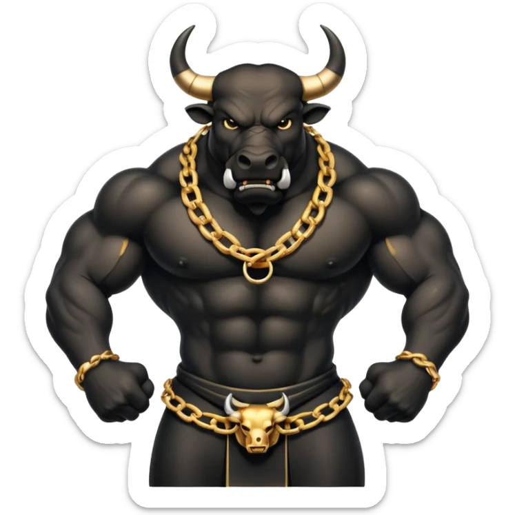 The emoji is an angry black powerful bull with steam coming out of its nose and a gold chain hanging from its neck with the inscription - bull run sticker