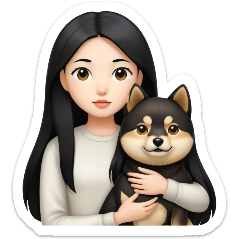 A girl with long black straight hair holding a black Shiba Inu sticker