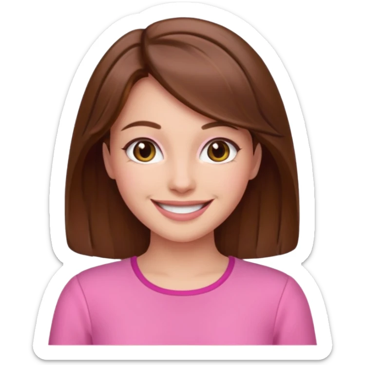 brown hair woman with pink outfit and happy face sticker