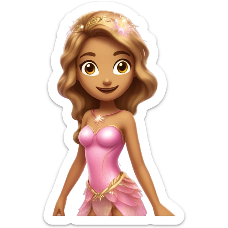 Flora the adult latina fairy of nature in her enchantix fairy pink clothing and fairy enchantix wings and long light brown hair from winx club. Small eyes, Lots of sparkles and fairydust   sticker