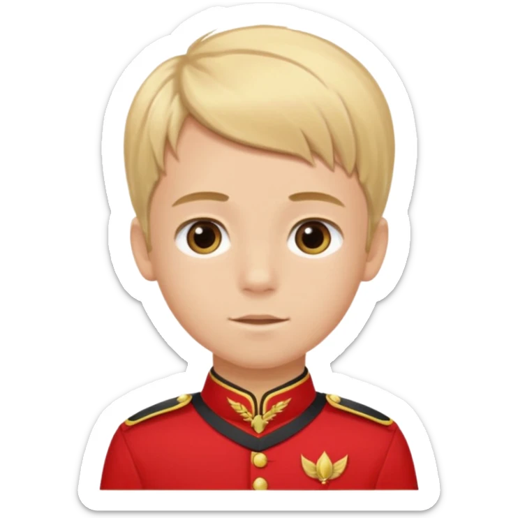 SARI SAÇLI SAÇININ YARISI SOLA DOĞRU DİĞERİNİN SAĞ TARAFTA AMA DÜZ DURAN KAHVERENGİ GÖZLÜ UZUN KİRPİKLİ BUĞDAY RENKLİ KIRMIZI ÜNİFORMALI BİR ERKEK ÇOCUK sticker