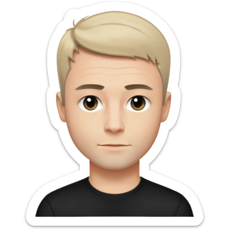 Oliver Riedel, cool, collected vibe, short hair, black shirt sticker