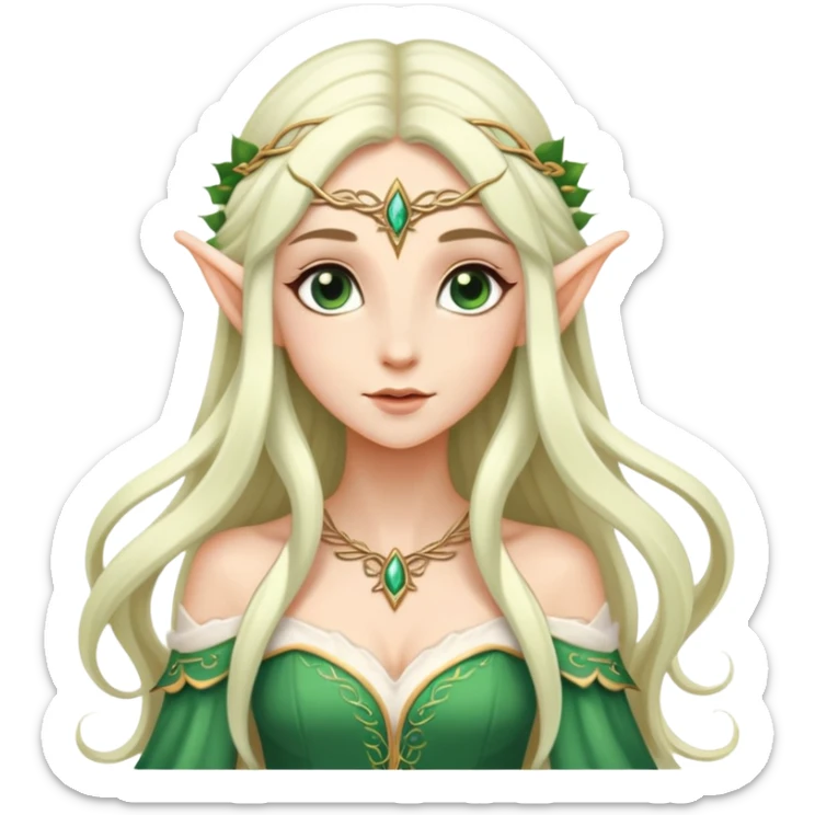 very feminine elf with long flowing hair, delicate features, elegant dress sticker