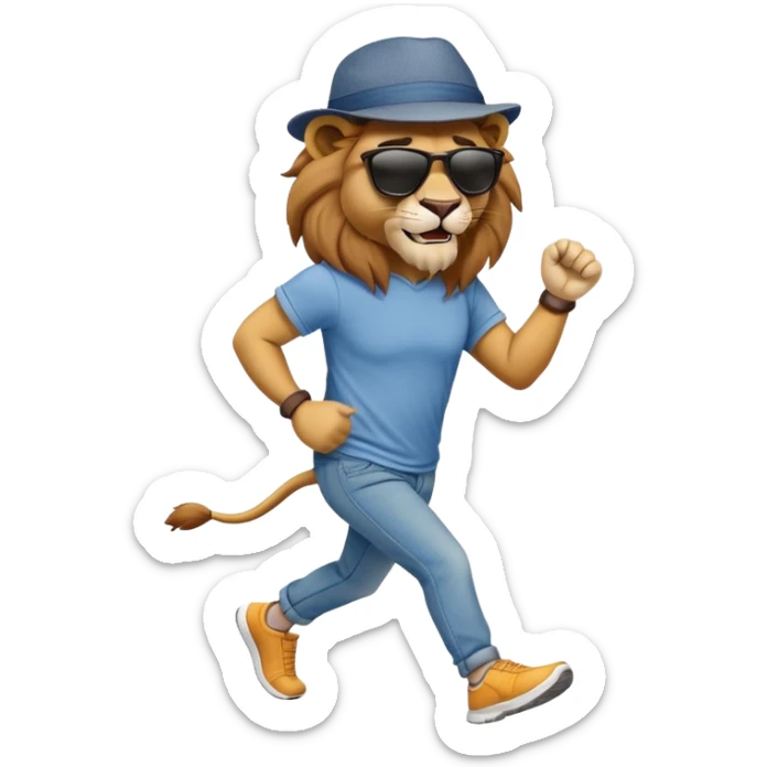 friendly anthropomorphised lion in jeans and a t-shirt, wearing dark sunglasses and a hat, jogging upright in standard pose sticker