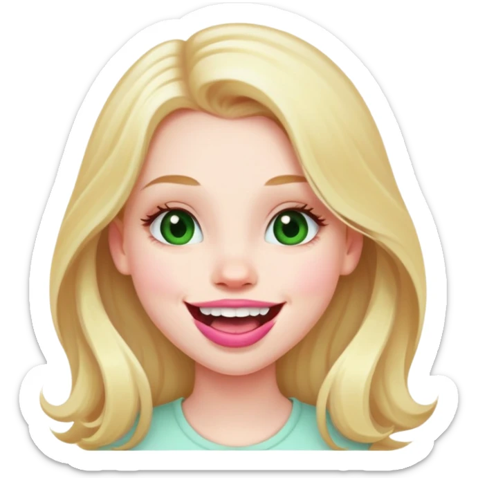 Young girl with pale skin, full pink lips smiling, blonde reddish long hair, big brown eyes with a hint of green, big mouth sticker