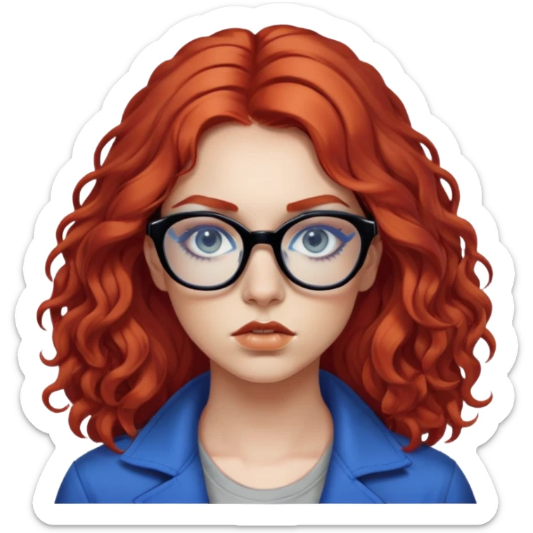 Nữ 25 tuổi, da trắng, tóc dài xoăn nhẹ màu đỏ, gọng kính màu đen, mắt kính màu xanh dương , mặt nghiêm túc, lông mi dài, trang điểm khá đậm, áo phong cách hiphop sticker
