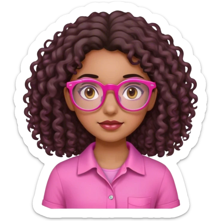 Girl with long, dark brown curly hair, with mixed skin, pink glasses, and a pink shirt, dark brown eyes  sticker