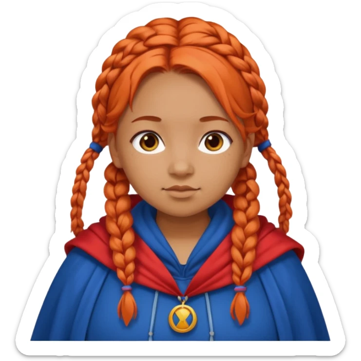 red orange braids hair girl, tan skin, fat, wear blue cloak sticker