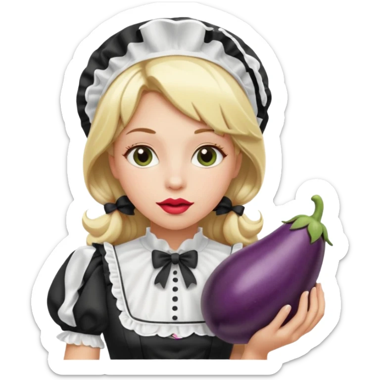 A women with blond hair in a black and white maid dress with her lips around a eggplant sticker