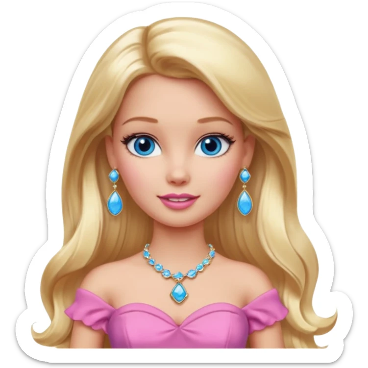 barbie, long blonde hair, pink dress, with blue eyes,different dress,ear rings, jewelry, different face expressions. sticker