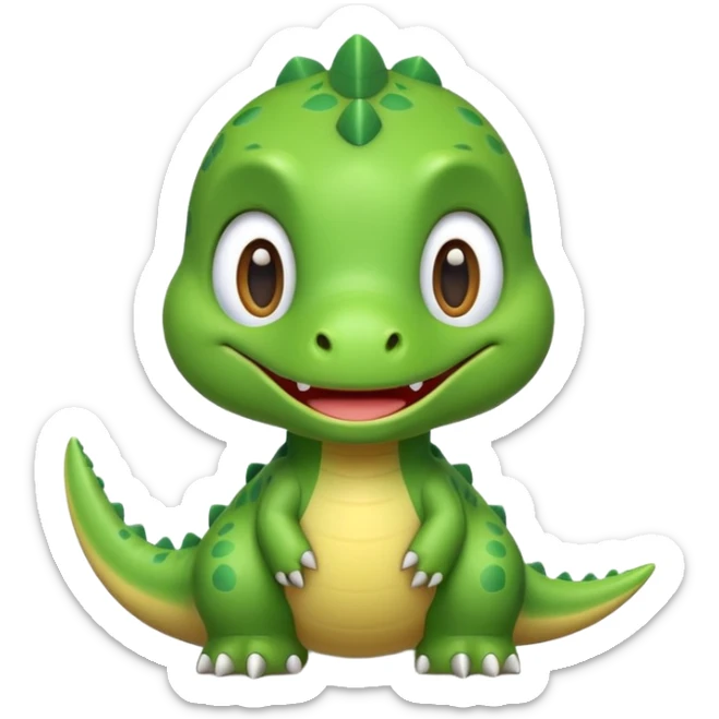 Cute green dinosaur emoji with round body, big eyes, small arms, soft shadows, smooth outlines, glossy finish, friendly smile, simple flat design, high-detail yet minimal style, perfect for emoji set, transparent background sticker