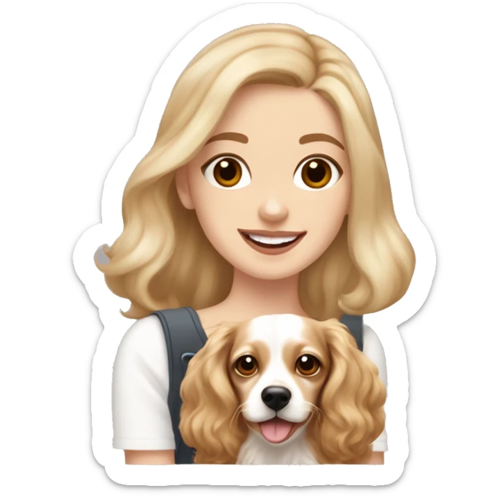 White girl with long wavy blonde hair and brown eyes  holding a white and tan chihuahua dachshund cocker spaniel mix happy with shorter furry ears sticker