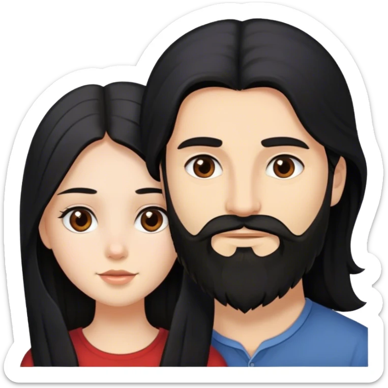 A girl with long black hair together and brown eyes with a man with beard  sticker