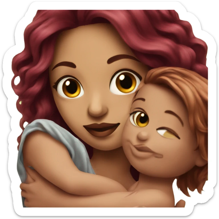 Beautiful tattooed burgundy long haired woman holding a baby sticker