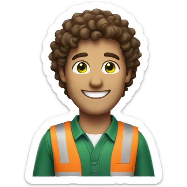 man with brown curly hair, green eyes and a big smile in work costume sticker