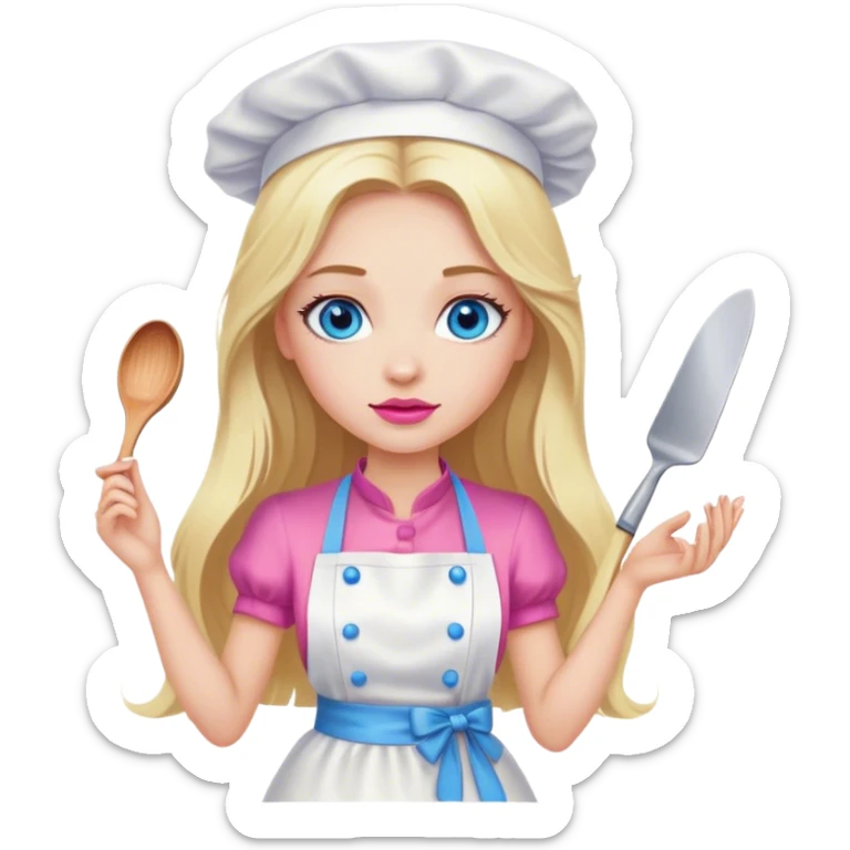 Cinematic realistic beautiful blonde with long hair, blue eyes and pink lips in a white dress cooks sticker