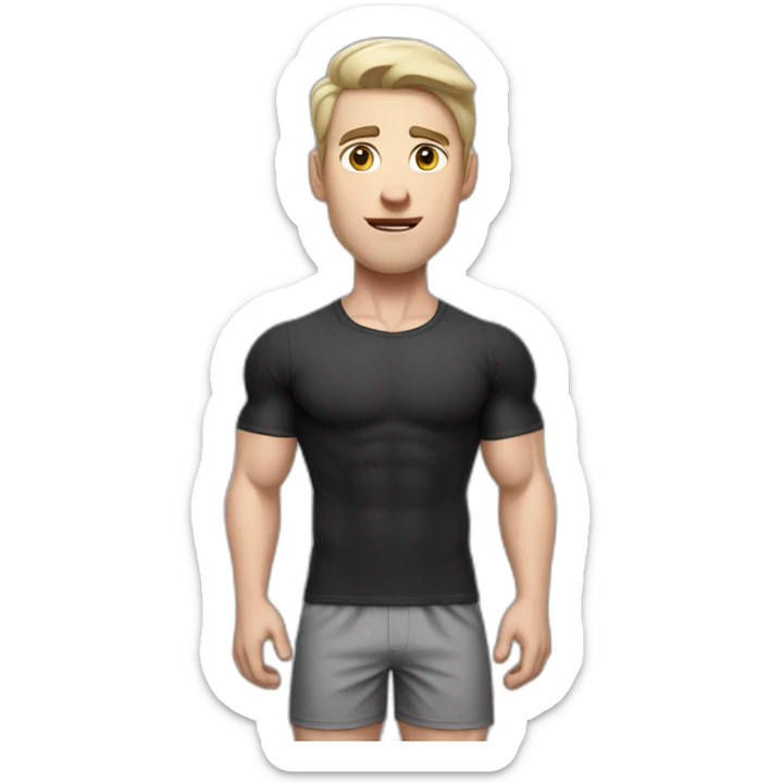 Confused Pale skinned Fit Man With the biceps and dark brown hair in black shirt, gray sports shorts and white Sneakers sticker