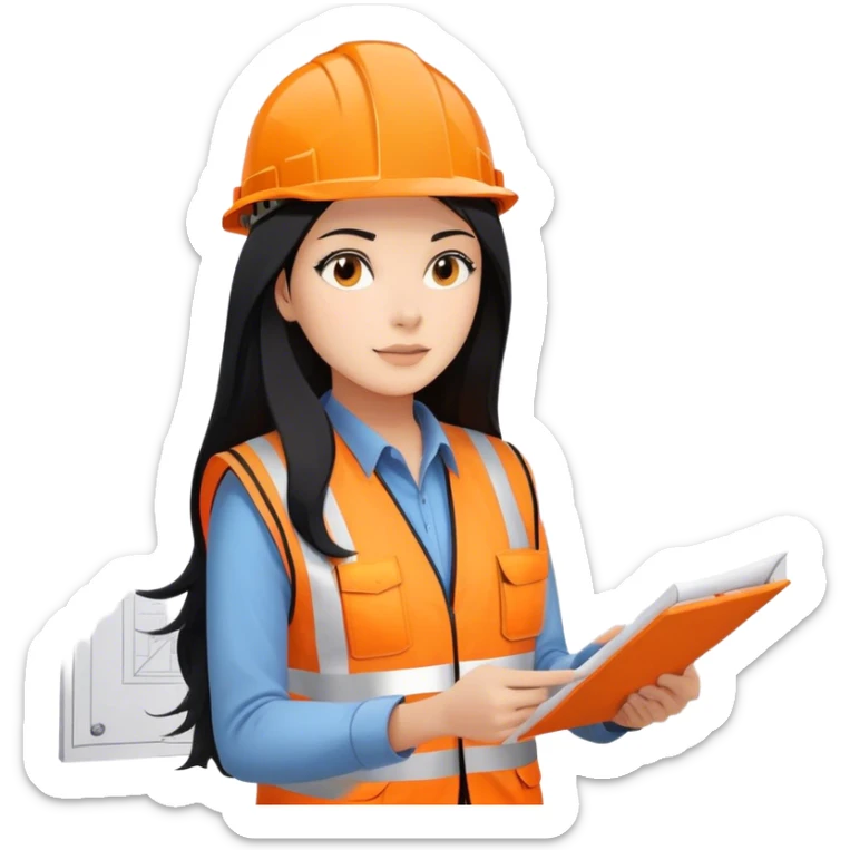 Female civil engineer with long black hair wearing white helmet and an orange safety vest staring at big drawing plan on her hands  sticker