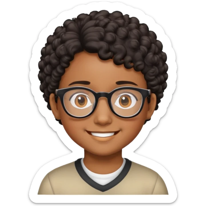 "- Nam
- 10 tuổi
- Da nâu
- Tóc ngắn, xoăn, đen
- Cười tươi
- Đeo kính
" sticker