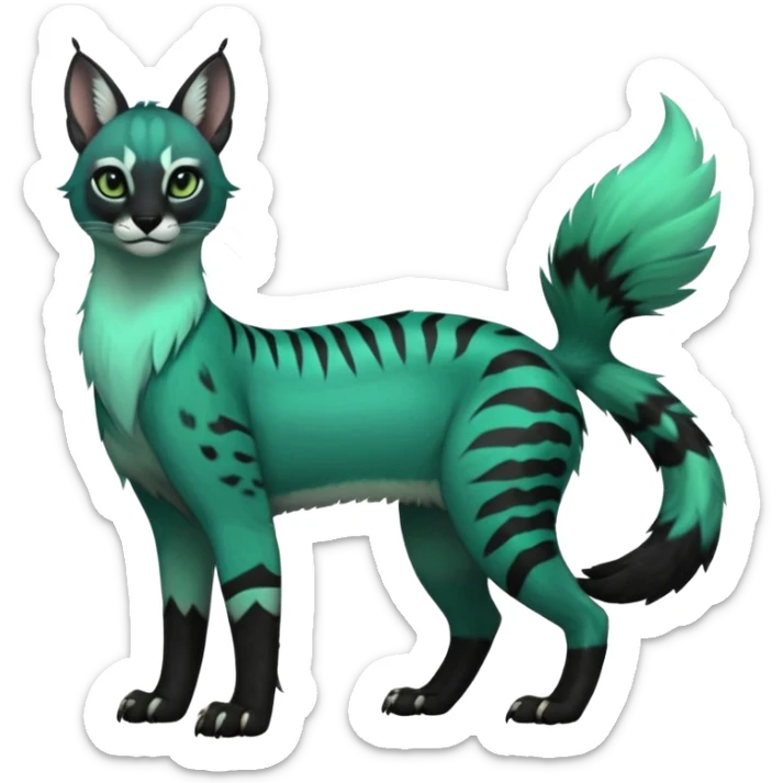 Colorful seafoam-green, black-pointed, tropical tribal glorious iridescent divine exotic cute cool beautiful beautiful fantasy-caracal-civet-genet-sergal-vernid-Gryphon-Cacomistle-Trico-oncilla-animal-Fakémon-hybrid-fursona (full body) sticker