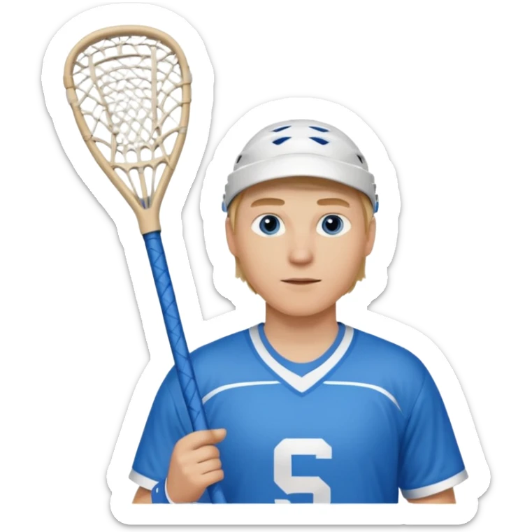 Blonde white with blue eyes lacrosse guy holding one lacrosse stick wearing blue and white gear  sticker