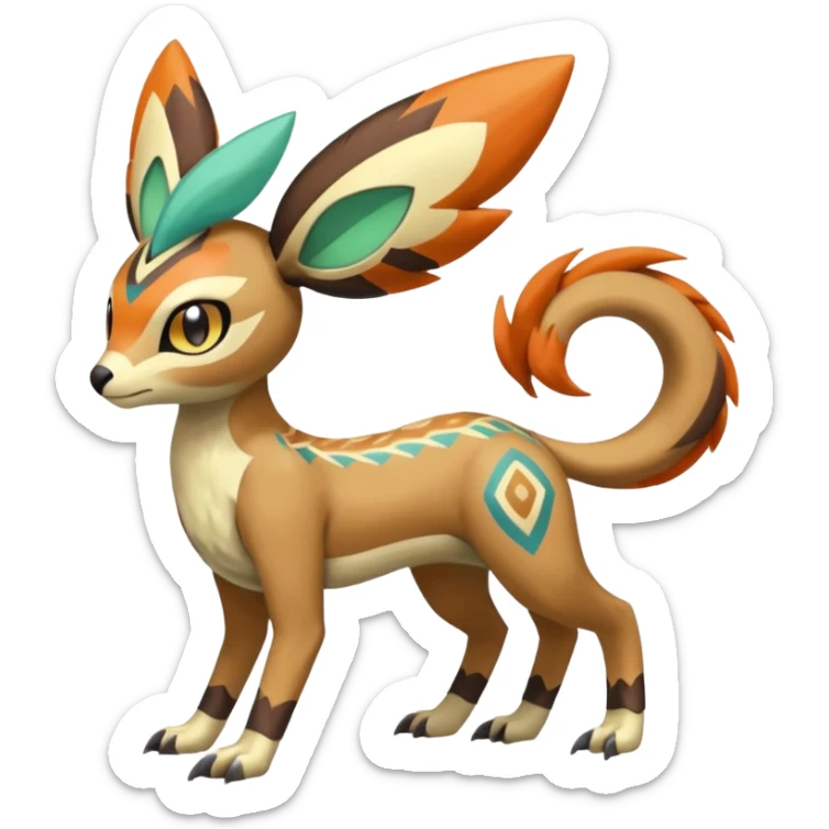 Tribal Colorful Exotic Fionbri-Trico-Kalon-Falvie-Vernid-Meloetta-Pokémon-Fakémon-Digimon-Spectrobe-hybrid-fusion, full body sticker