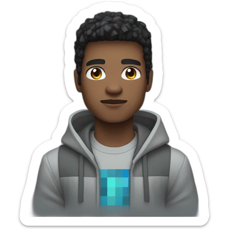young black hair man with gray-blue eyes dressed in a gray minecraft hoodie sticker