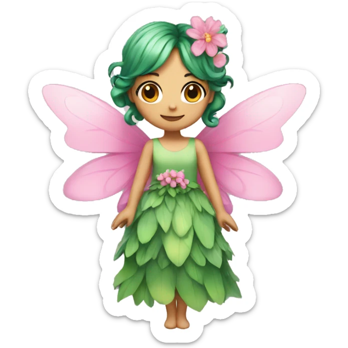 A fairy, green hair, wings, pink dress with flowers  sticker