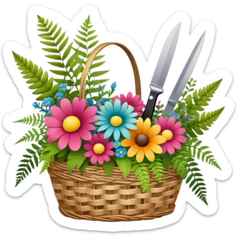 Icon for Floristry: a woven basket with flowers, reeds, ferns, bright ribbons and a small plush toy. Add scissors and knife. The icon should represent creativity in flower arrangement and decorative design. Transparent background. sticker
