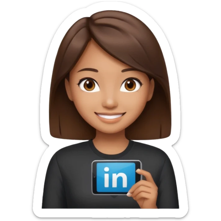Asian girl with brown dark hair and dark brown eyes in a corporate top smiling holding her LinkedIn  sticker