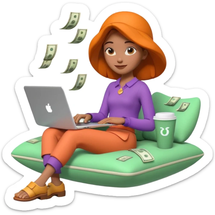 3D clay woman character relaxed with laptop and coffee in Paris, floating icons (dollars), colofrful modern outfit, white laptop, Pixar style, transparent background sticker
