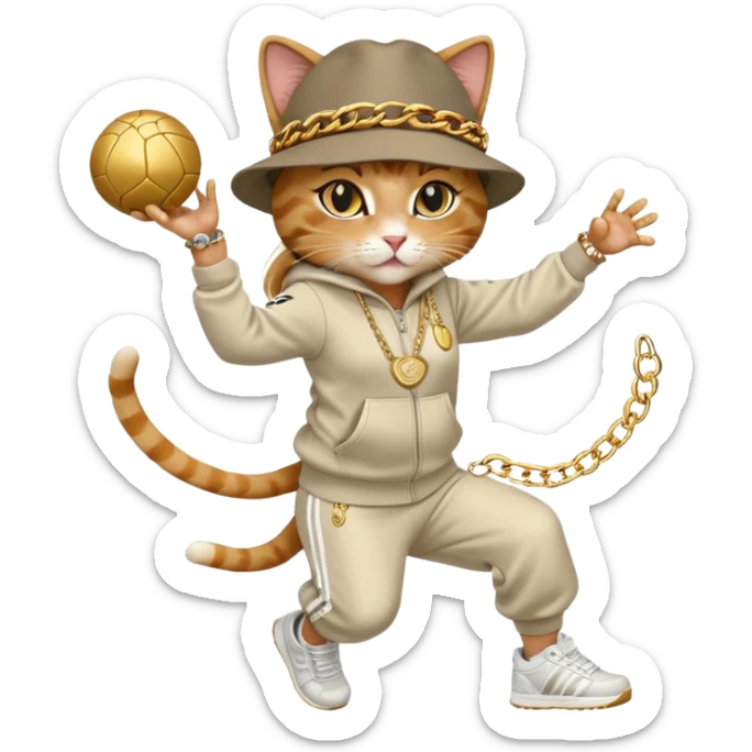 female cat dressed like Run DMC in tracksuit, fedora, Adidas shoes, lots of gold chains, rings, bracelets, earrings, catching a ball high in the air, no sunglasses sticker