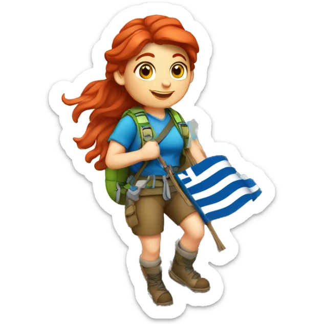 Female mountain climber red hair climbing with Greek flag and holding Easter eggs basket sticker