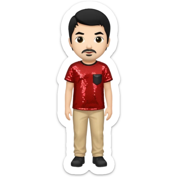 Chino Moreno with black hair, red sequin shirt, beige sequin baggy pants sticker