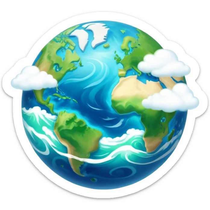 Cinematic Realistic Earth Emoji, depicted with vibrant blue oceans, swirling white clouds, and lush green continents rendered in exquisite detail, high shine, and a soft radiant glow that captures the dynamic, life-sustaining beauty of our home planet. sticker