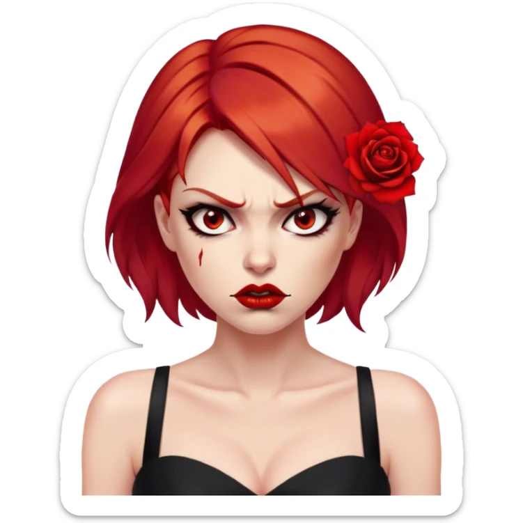 a beautiful very angry woman with red hair and red eyes. The woman wear a black little cutted dress. She have red lipstick and she have a seductive look. She have a rose flower in her hair. Angry face sticker