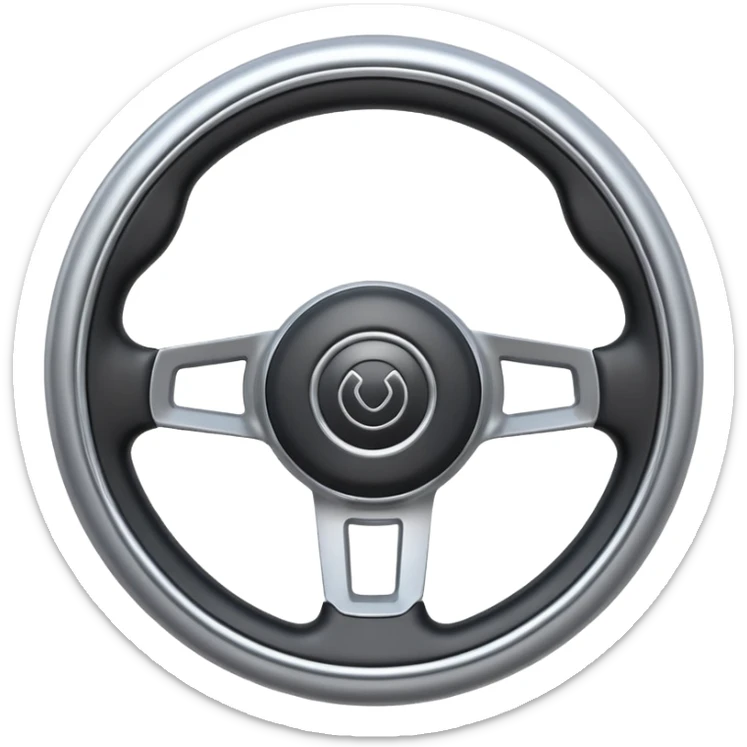 A futuristic steering wheel emoji made of silver chrome, minimal geometric design, smooth metallic surface, soft reflections, iOS emoji style, centered, clean white background sticker