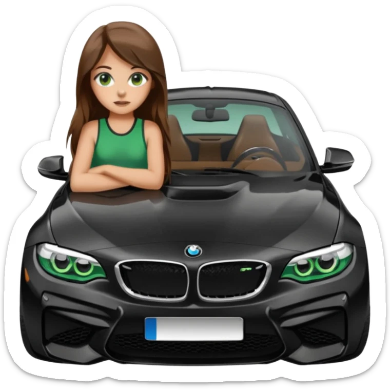 Beautiful Caucasian girl with green eyes and long brown hair  realistic girl doing sitting on the hood of BMW M2 car sticker